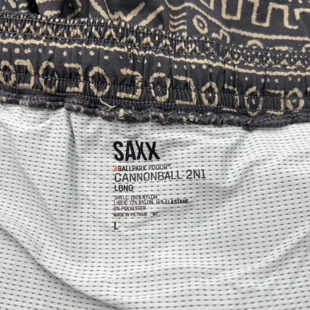 SAXX Men's Large Cannonball 2N1 Long Black Tribal Geometric Swim Shorts
